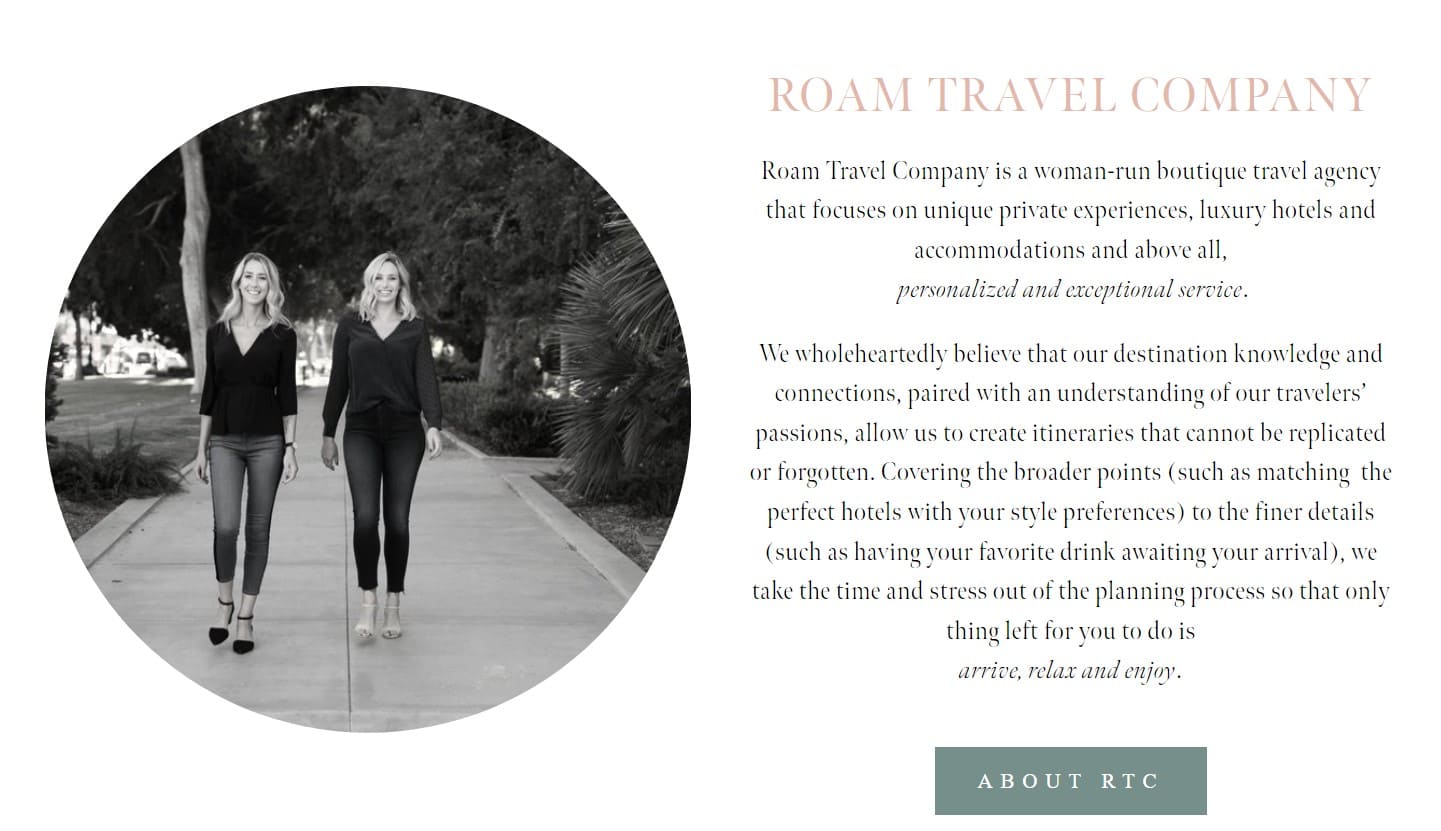 Roam Travel Company website example
